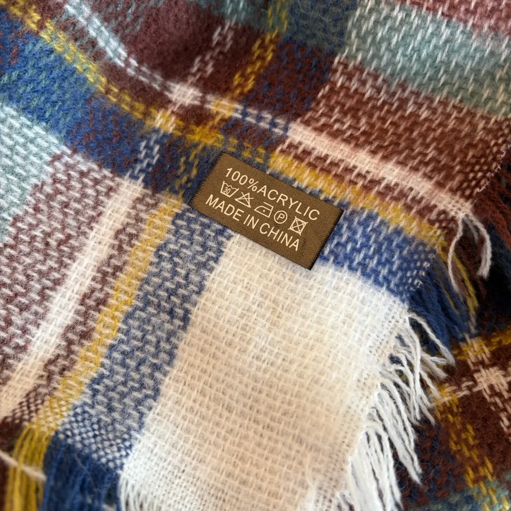 Plaid Fringe Blanket Scarf in Cream, Navy & Burgundy 57 X 59 inches